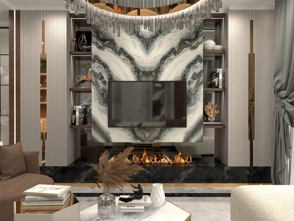 Kontrast në Gur — Salloni & ngrënia, pamja 01. Vizualizim nga Xherahu Architecture.